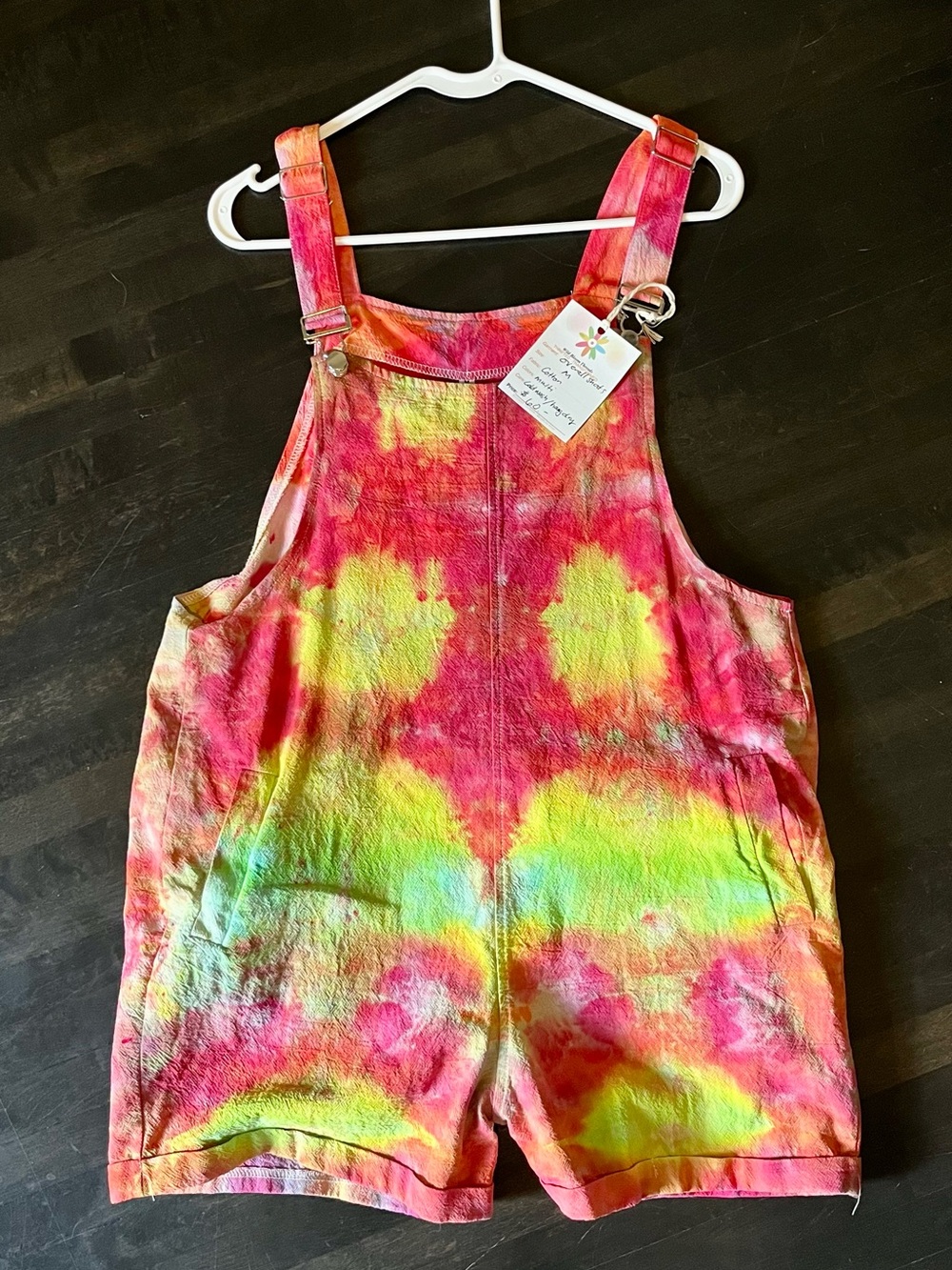 Women’s Ice-dyed short overalls.Vibrant Pink,orange and yellow.